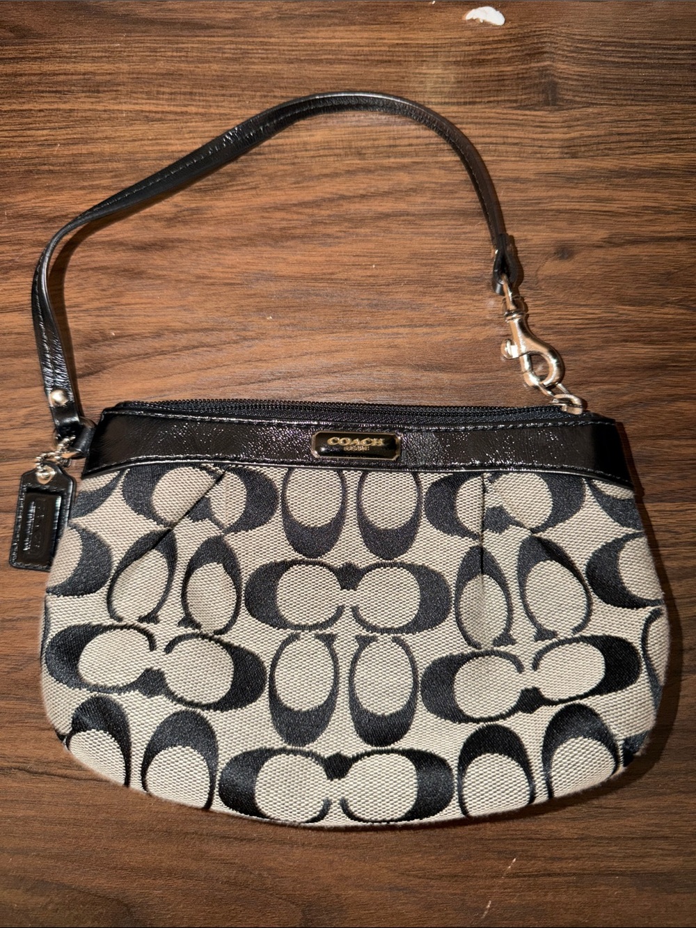Coach Black and Beige Signature Canvas Wristlet